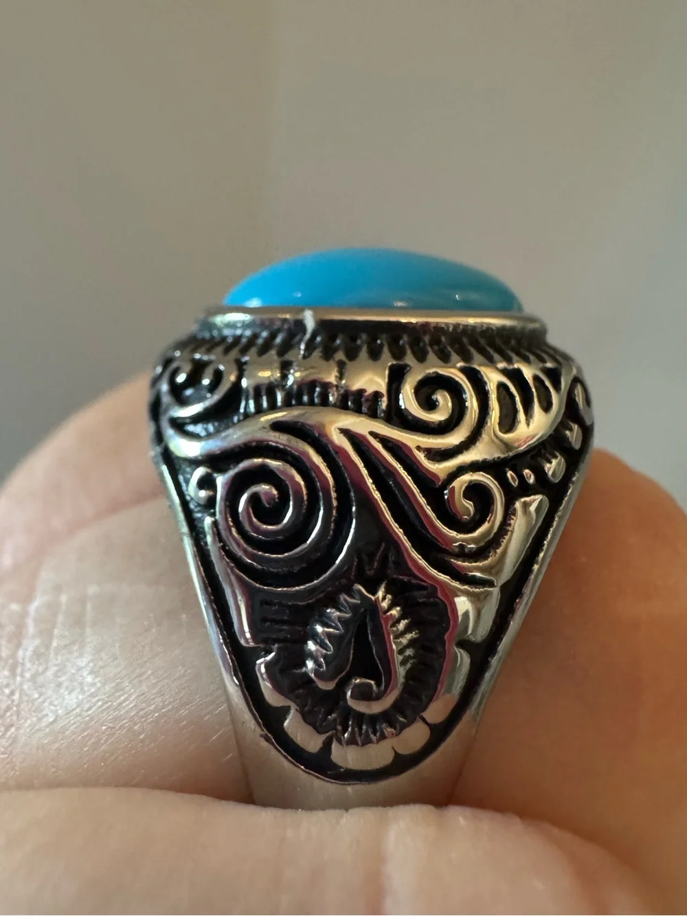 Western Turquoise Statement Ring Size 11 Silver Tone Engraved Oval Cabochon